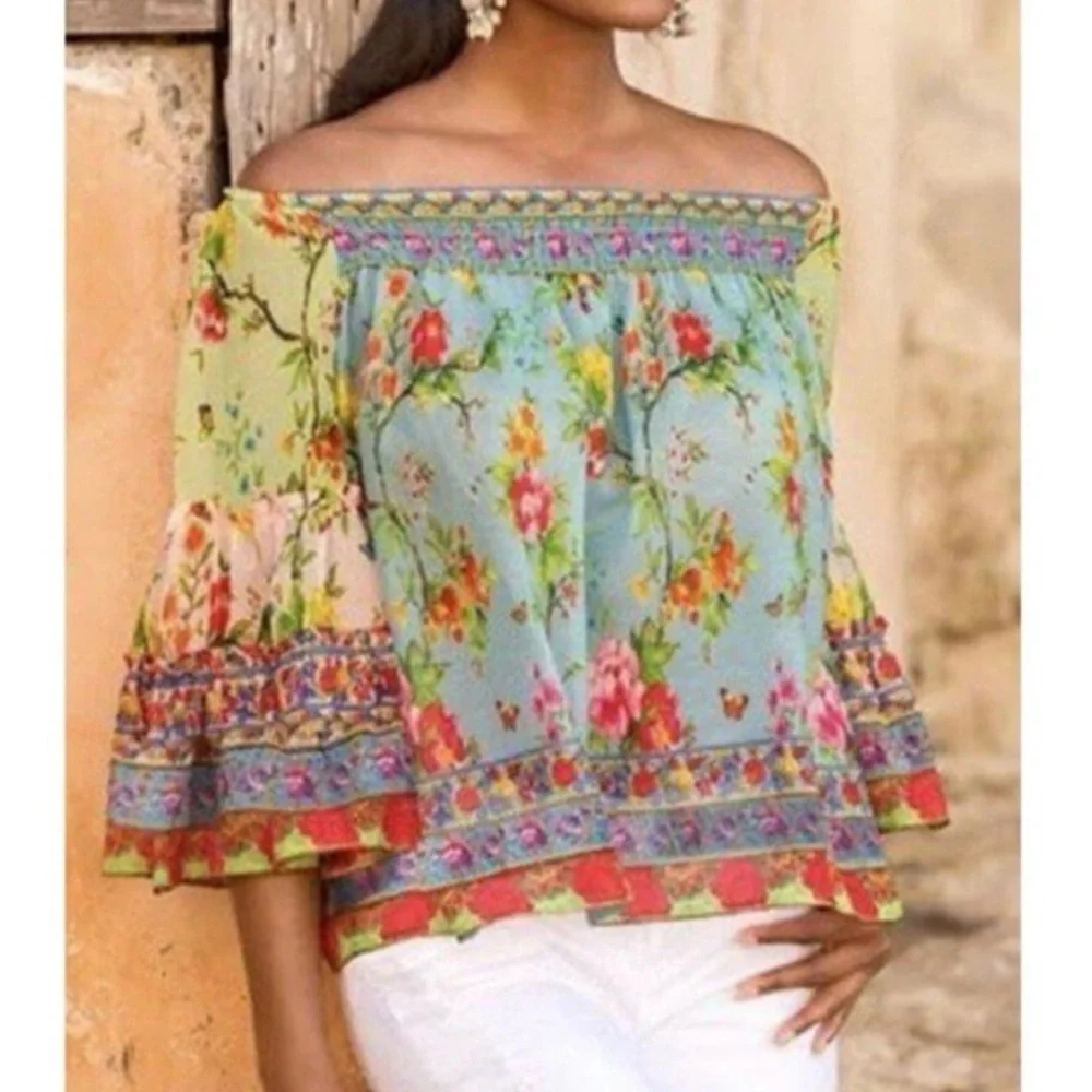 Ruby Yaya Floral Boho Off Shoulder Peasant Blouse Size M Festival Gypsy Top